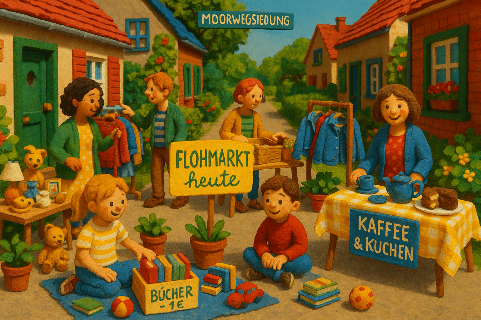 Stimmungsbild vom Nachbarschafts-Flohmarkt in der Moorwegsiedlung in Wedel mit Ständen vor den Häusern
