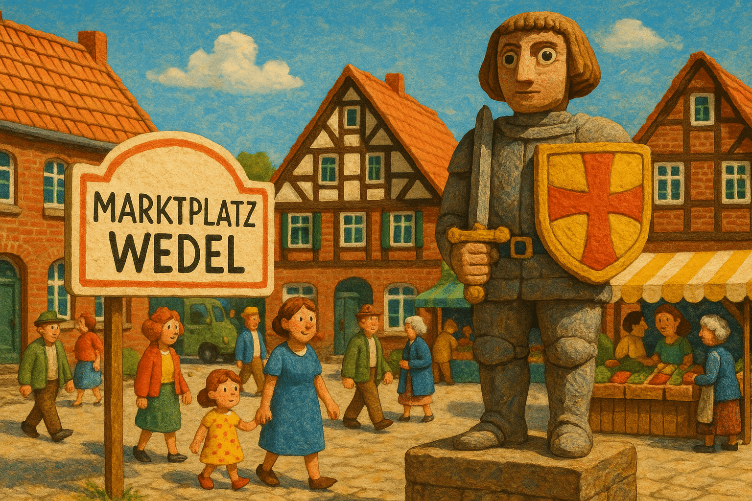 Historischer Marktplatz in Wedel mit Roland-Statue und umliegenden Altbauten im Zentrum der Kernstadt