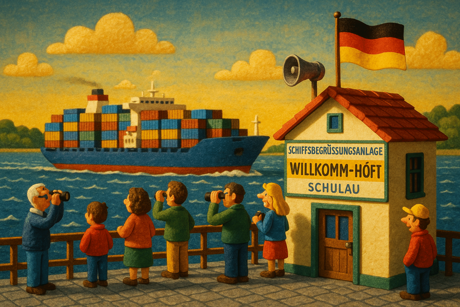 Schiffsbegrüßungsanlage Willkomm-Höft in Schulau bei Wedel mit Blick auf vorbeifahrenden Frachter auf der Elbe